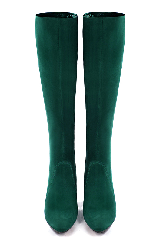 Forest green women's feminine knee-high boots. Tapered toe. Very high block heels. Made to measure. Top view - Florence KOOIJMAN